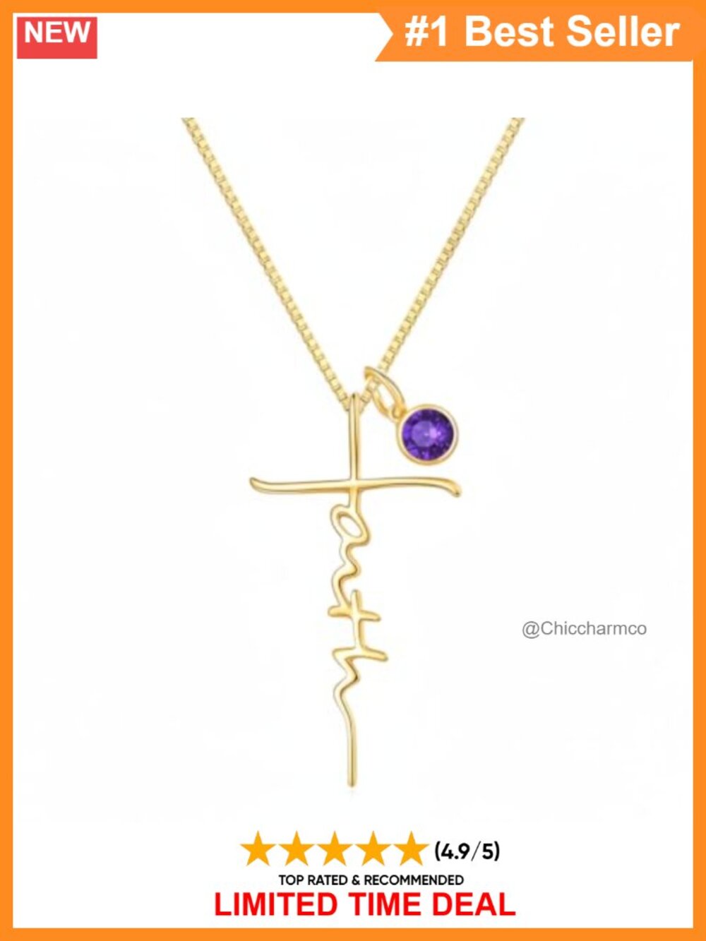 18K Gold Plated Faith Cross Pendant Necklace Amethyst Birthstone 20+2 in